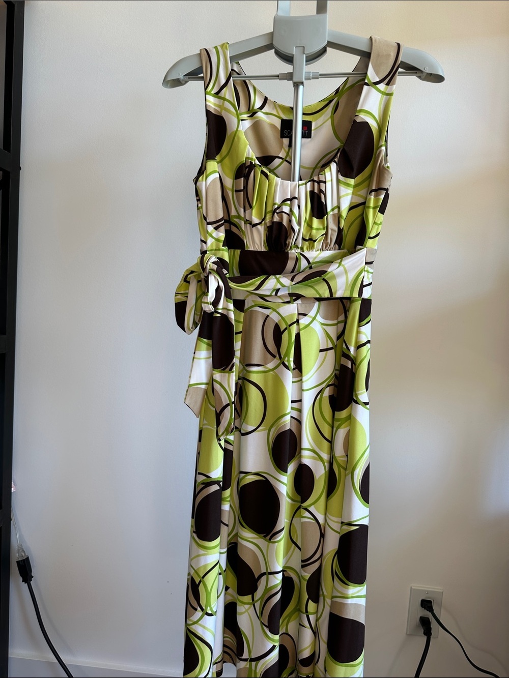 Scarlett Lime Green, Brown & Cream Sleeveless Maxi Dress with Waist Tie